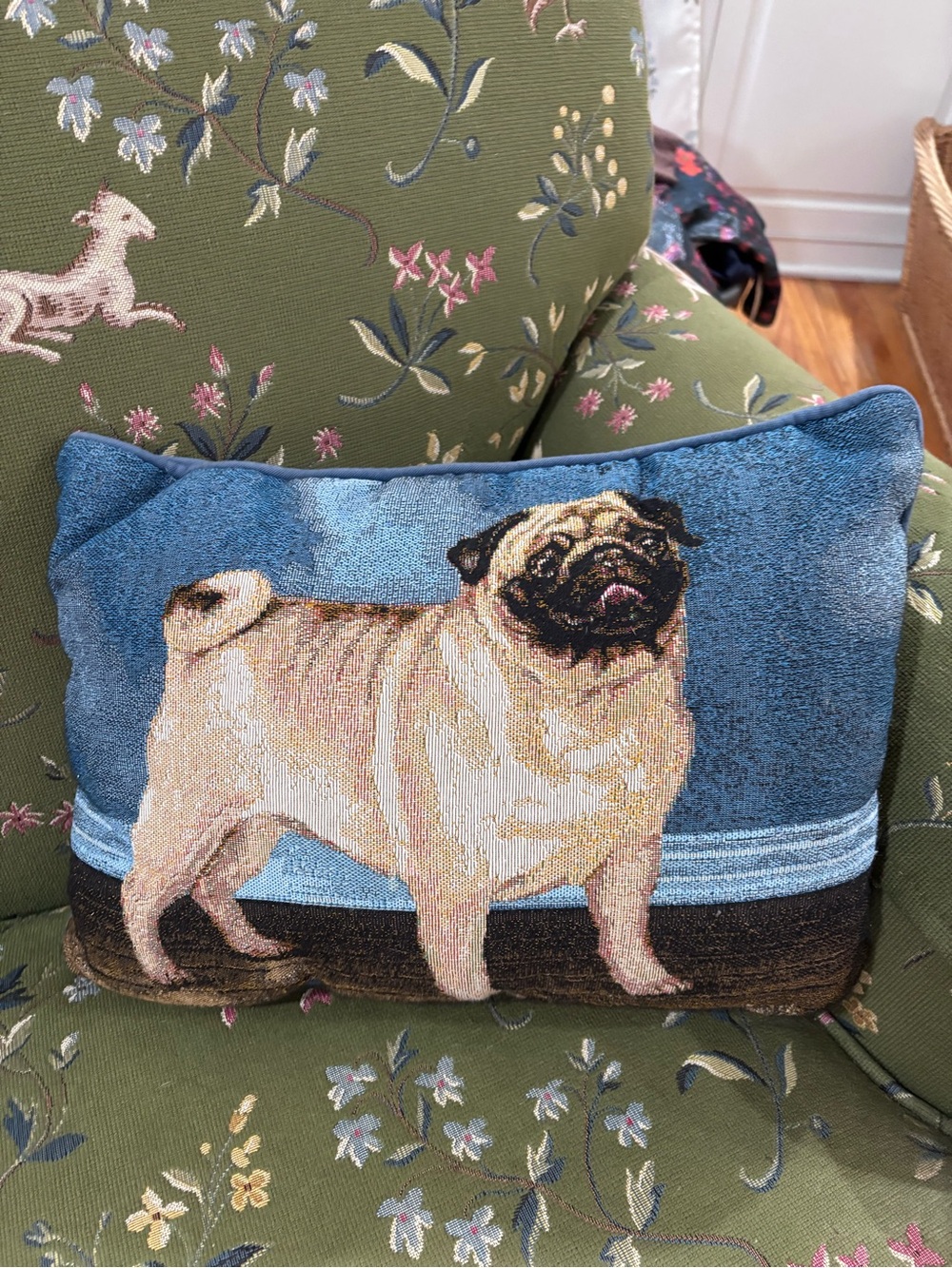 Pug Tapestry Throw Pillow - Blue & Tan
